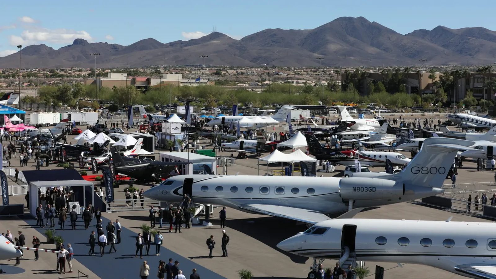 Business jets on the static display at Henderson, including a Gulfstream G800