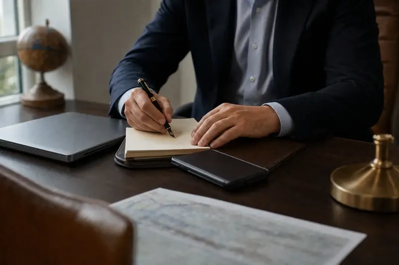 Notes being written with a fountain pen at a walnut desk