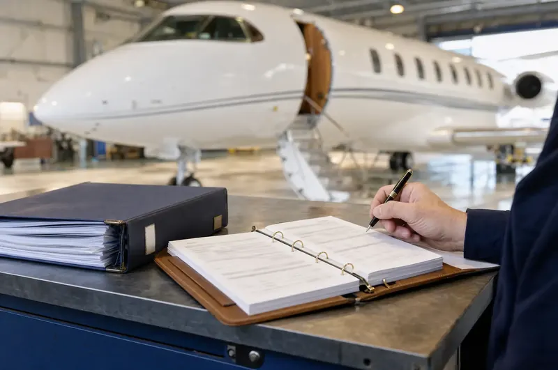 An aircraft technical logbook being checked in a hangar beside a business jet